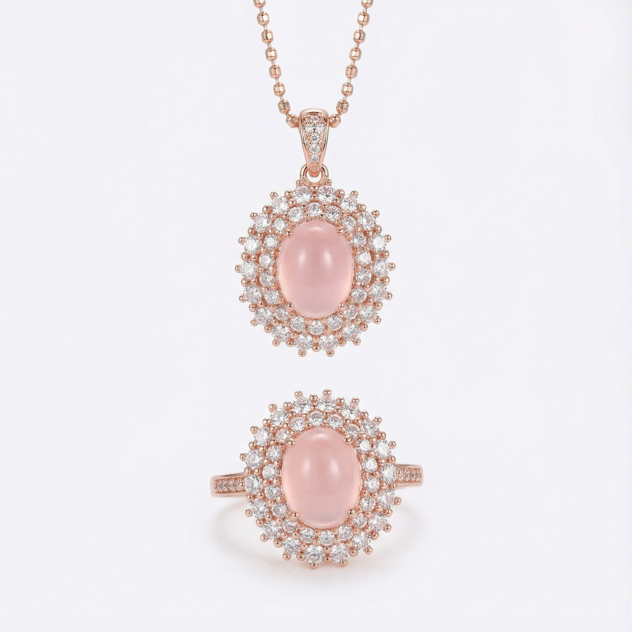 Rose Quartz Ring and Necklace, Natural Crystal, S925 Sterling Silver, Adjustable Size