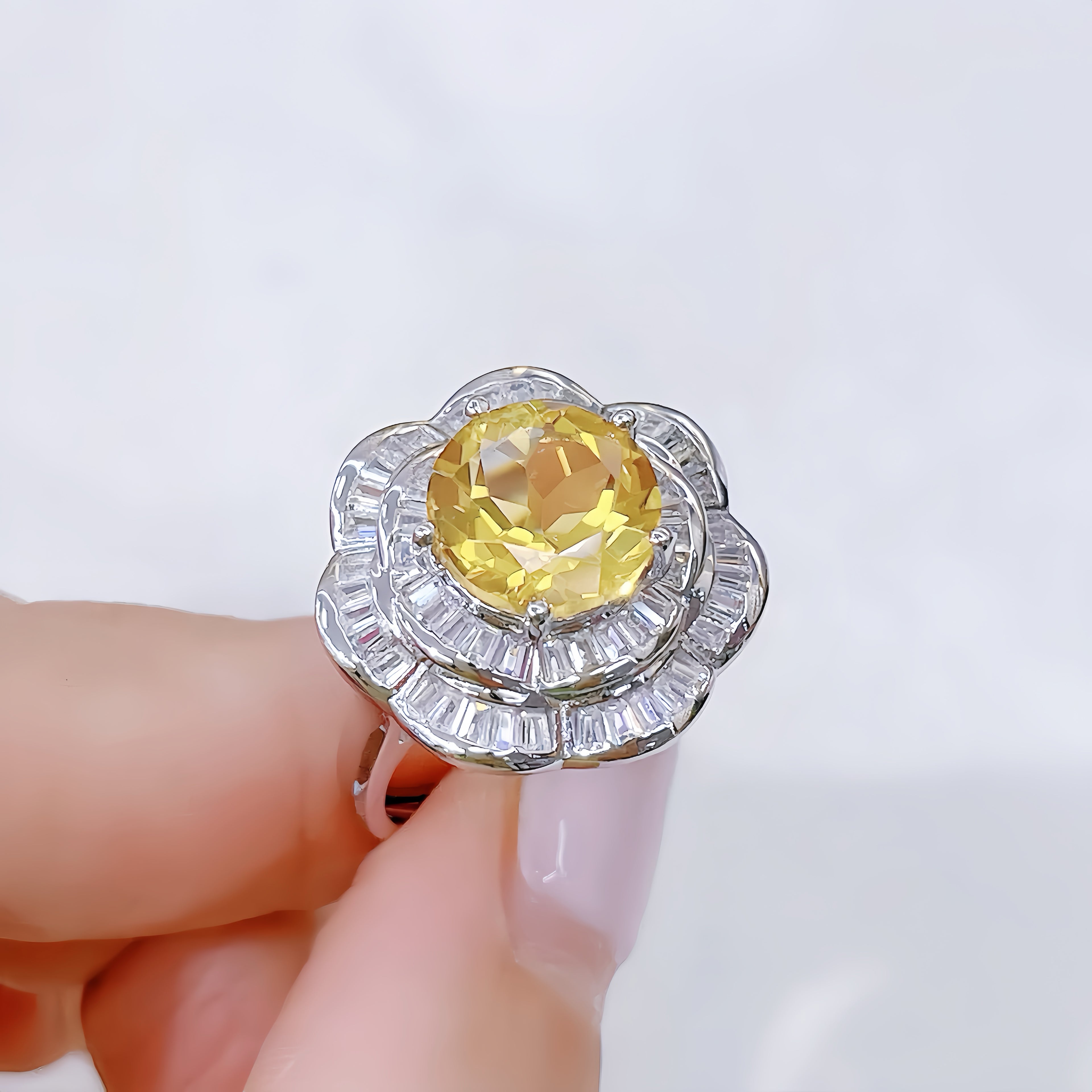 Camellia Ring, Natural Crystal 4.3ct, S925 Sterling Silver, Adjustable Size