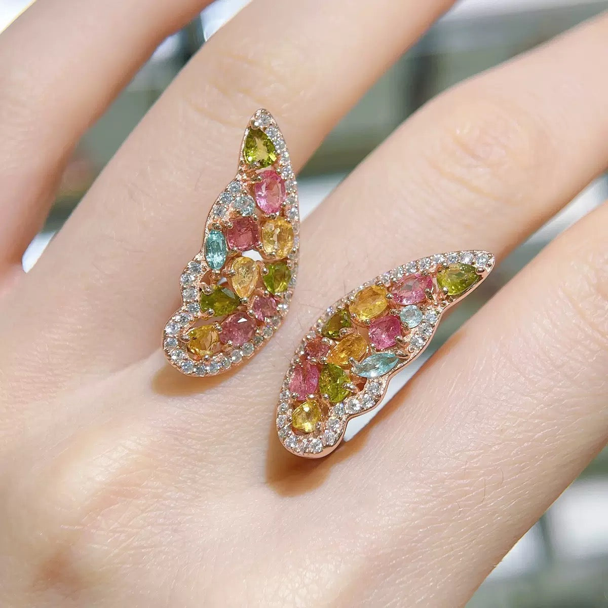 Butterfly Ring, Multi-Gemstone, S925 Sterling Silver, Adjustable Size