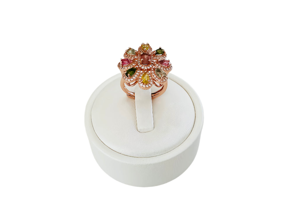 Floral Ring, Multi-Gemstone, S925 Sterling Silver, Adjustable Size