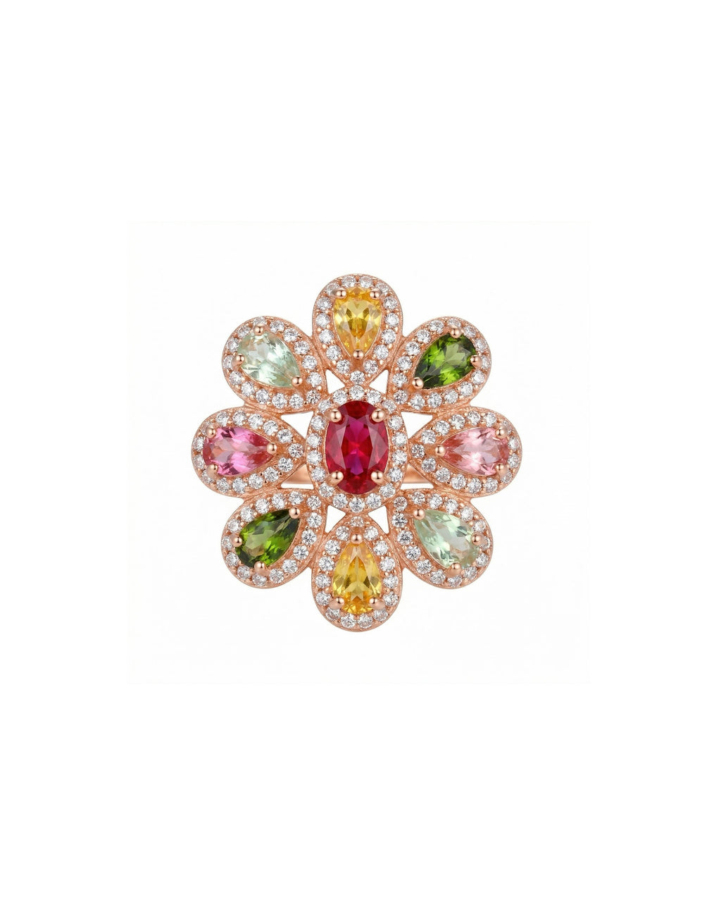 Floral Ring, Multi-Gemstone, S925 Sterling Silver, Adjustable Size