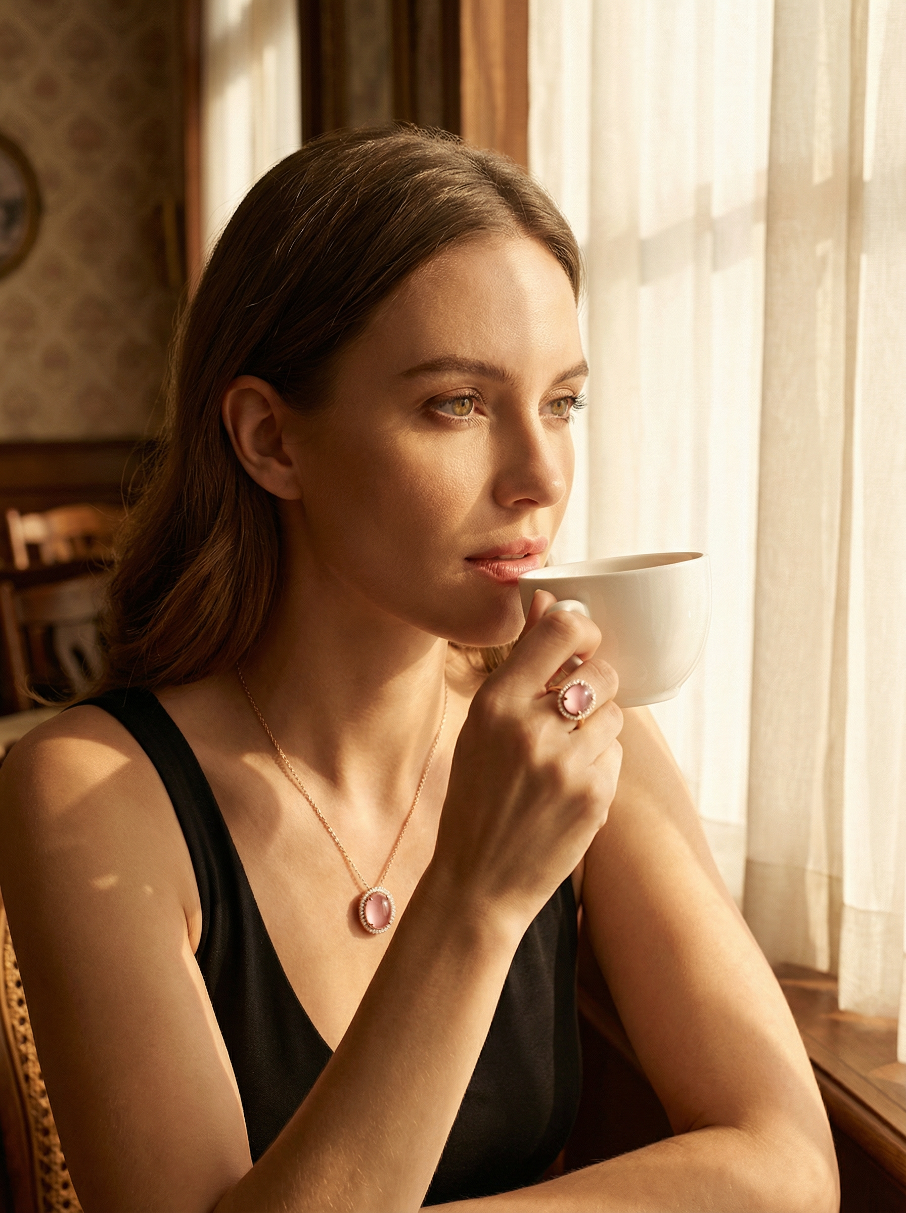 Rose Quartz Ring and Necklace, Natural Crystal, S925 Sterling Silver, Adjustable Size