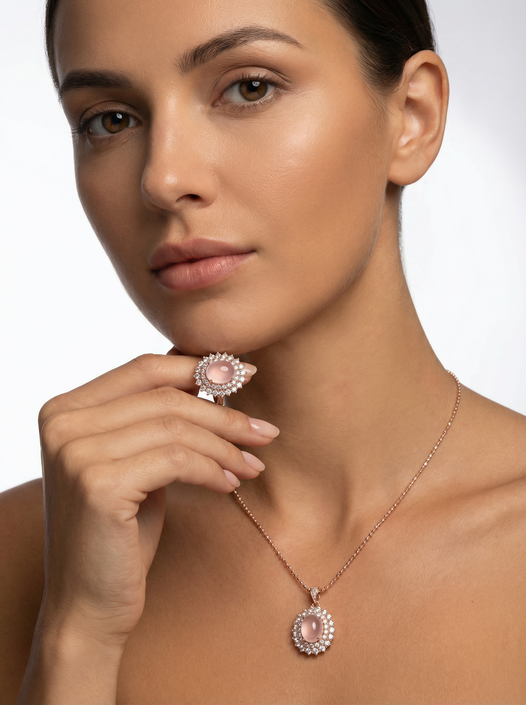 Rose Quartz Ring and Necklace, Natural Crystal, S925 Sterling Silver, Adjustable Size