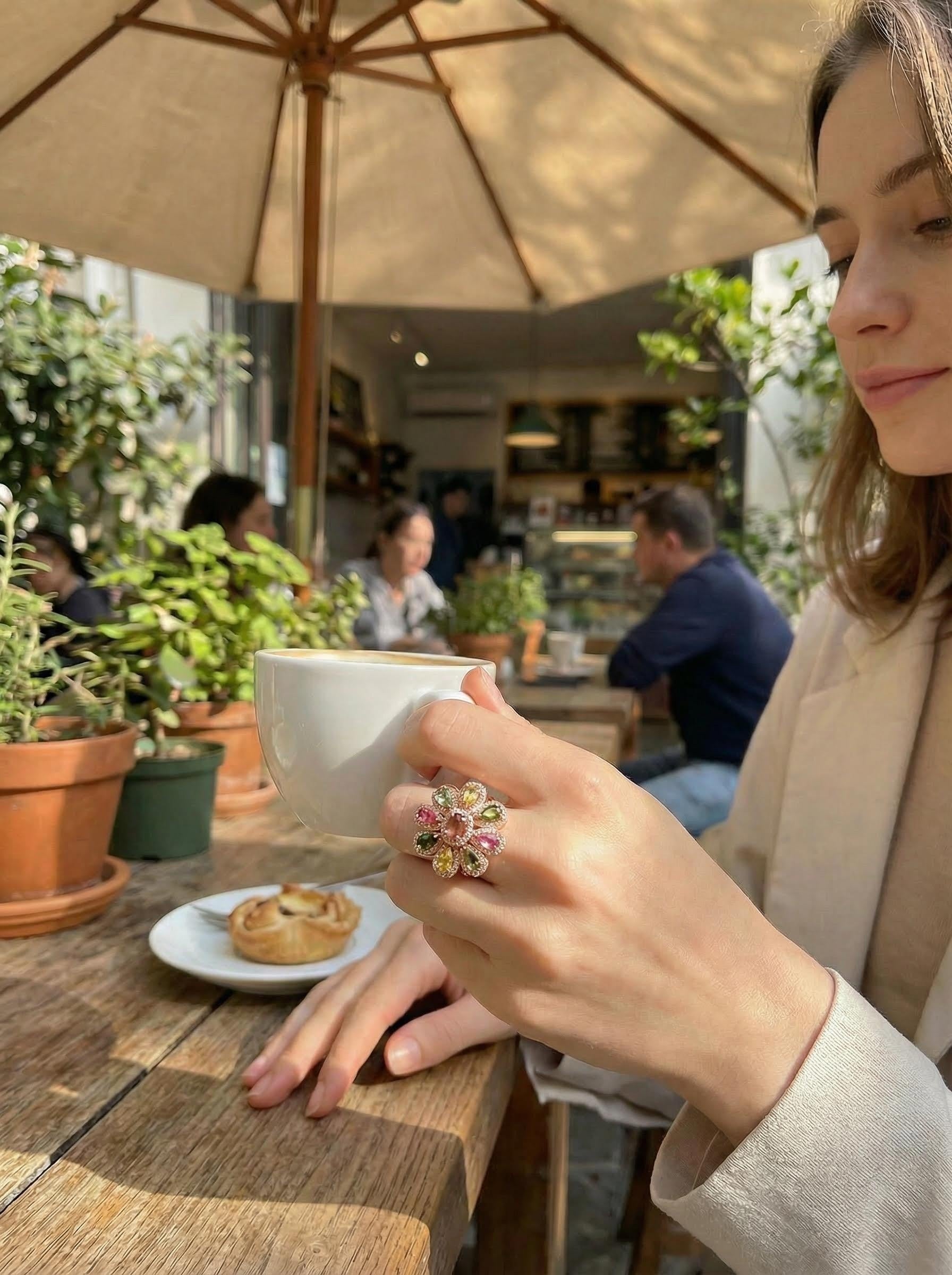 Floral Ring, Multi-Gemstone, S925 Sterling Silver, Adjustable Size